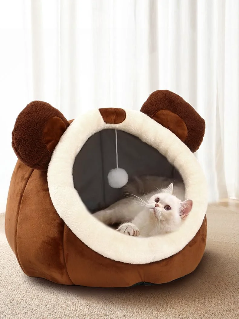 Quality Cat Beds for Indoor Cats – Cat Bed Cave with Removable Washable Cushioned Pillow Soft Plush Premium Cotton No Deformation Pet Bed Roomy Bear Cat House Design Multiple Sizes-L Exclusive