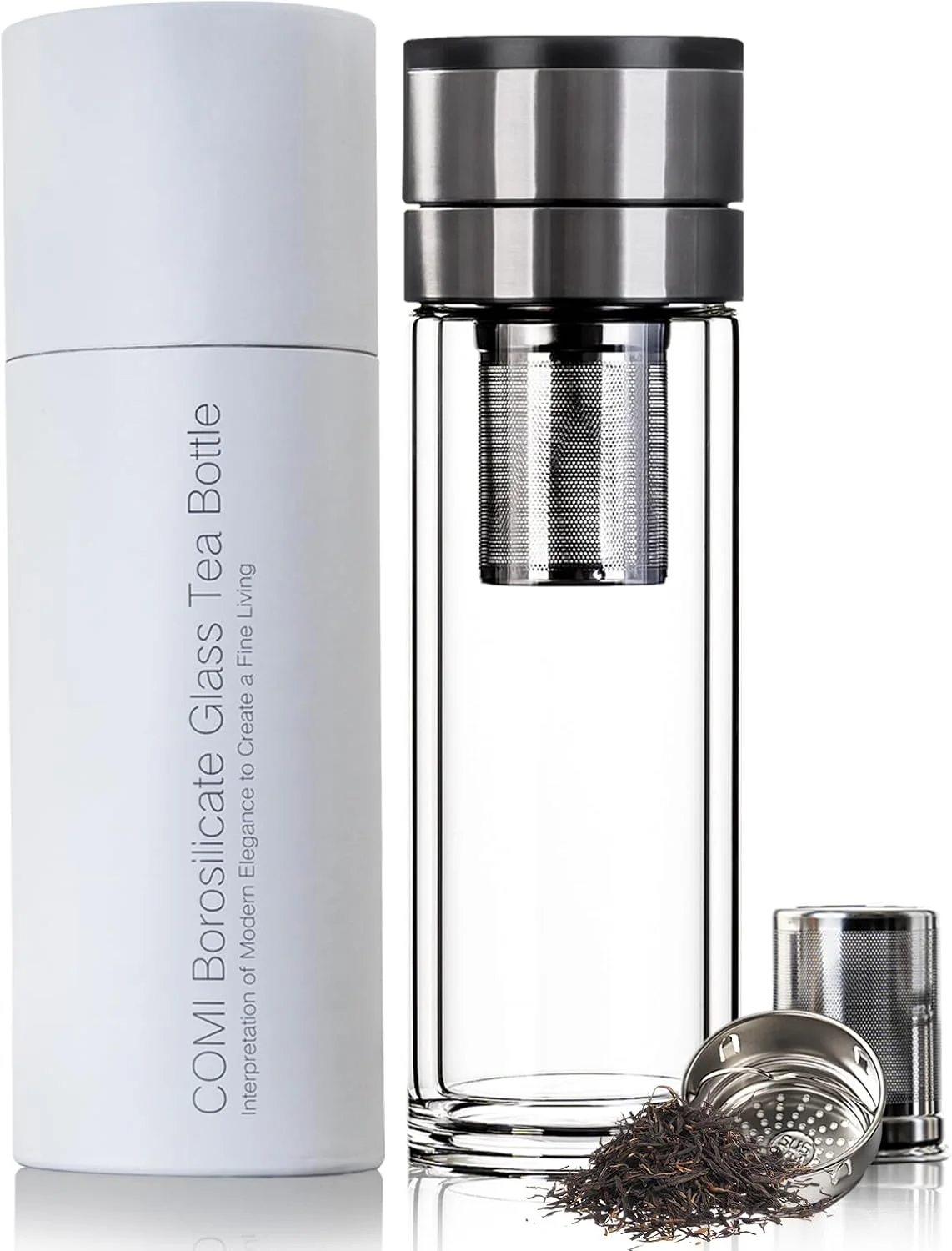 Unique COMI Tea Bottle with Infuser Double-Wall Glass Travel Mug with One Click Open Lid Leak Proof Tea Infuser Bottle for Loose Leaf Fruit Flower Infused Drinks Heat Cold Resistant Tea Gift Set Natural