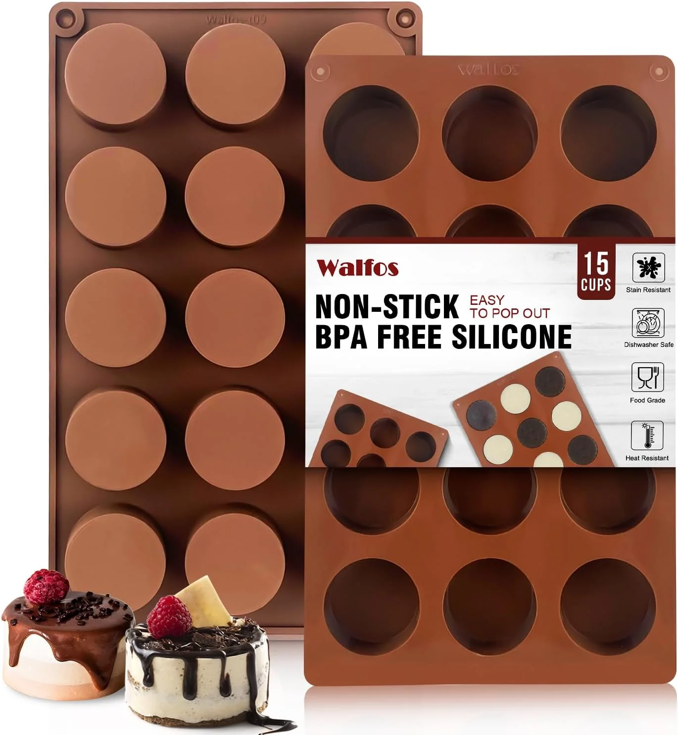 Breathable Silicone Fat Bomb Molds Walfos Silicone Candy Mold 15 Cavity Round Mold – for Keto Fat Bomb Jelly Dark Chocolate Mini Peanut Butter Cup 2 Packs Fine