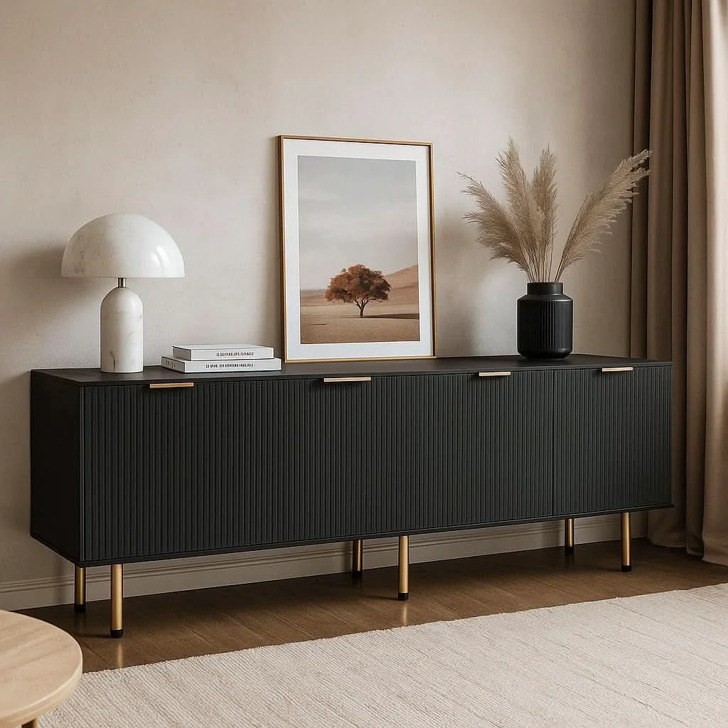 Easy-to-Use Black Fluted Mid Century Modern TV Entertainment Center With Storage Soft