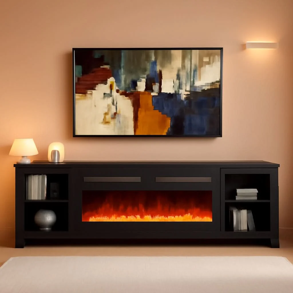 Excellent 80 Inch Black Modern Fire place TV Entertainment Center First-Class