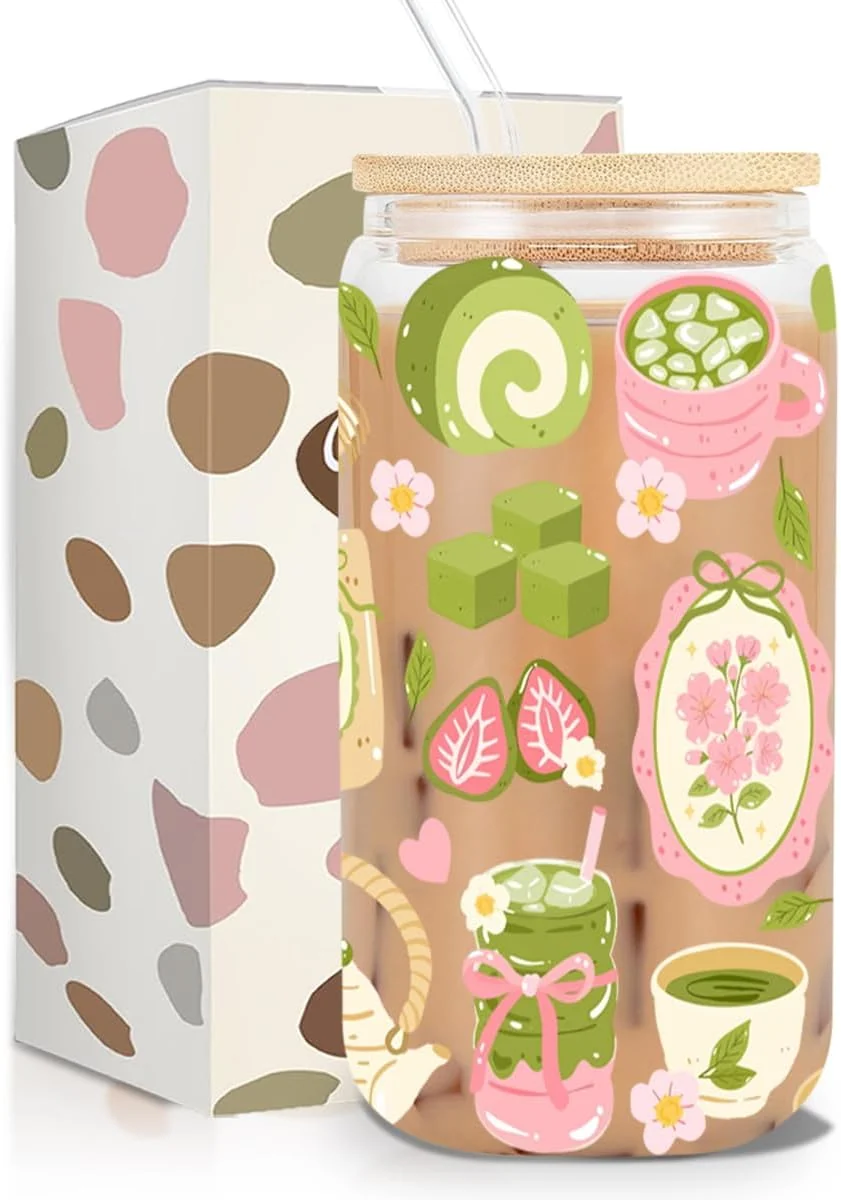 Smart Matcha Girly Glass Cup Matcha Lovers Gift Kawaii Latte Girly Glass Tumbler 16 oz Cafe Aesthetic Iced Coffee Cup with Lid Straw Clean