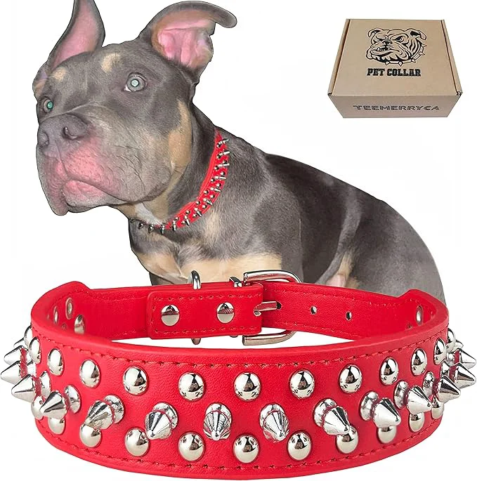 Clean TEEMERRYCA Adjustable Microfiber Leather Spiked Studded Dog Collars Professional