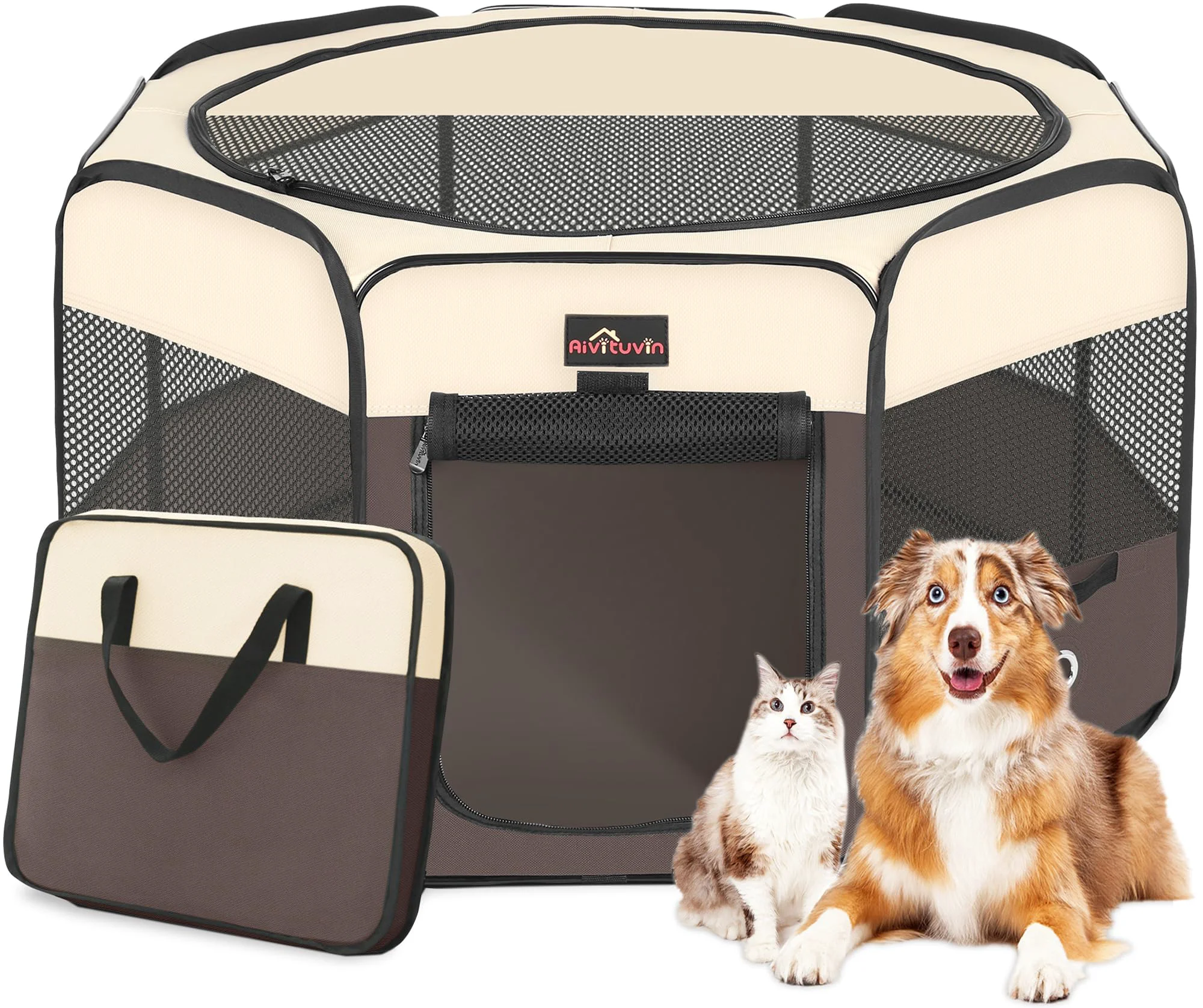 Soft Aivituvin Dog Playpen – Foldable Portable Pet Playpen with Carry Bag Brown L for Travel Indoor Use User-Friendly