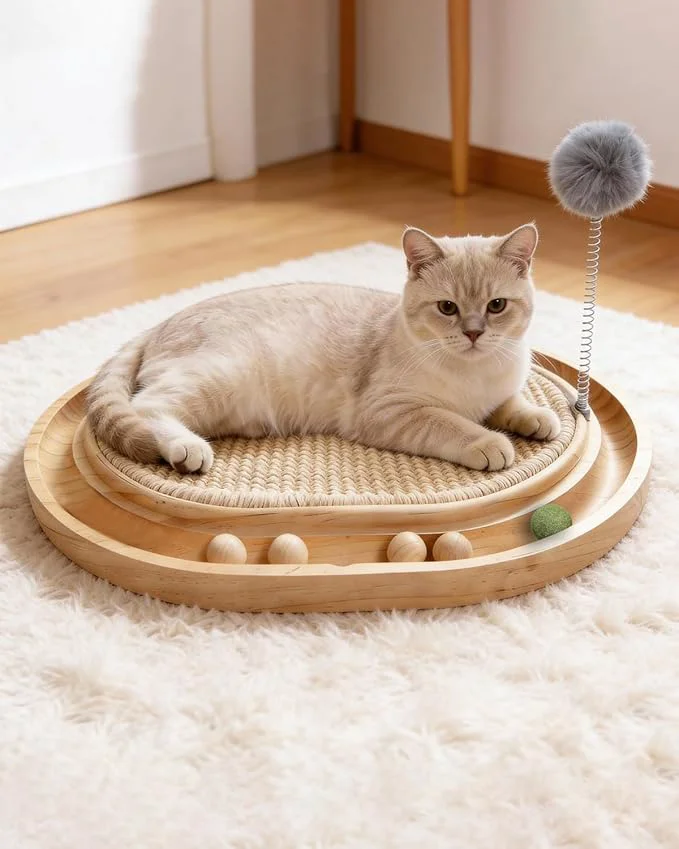 Traditional Natural Sisal Cat Scratcher Pad Wooden Interactive cat Toy with Ball Track Springs Ball for Chasing Hunting Physical Exercise Kitten Toys Cat Scratching Mat for Indoor Cats Furniture ProtectionAbout This Consistent