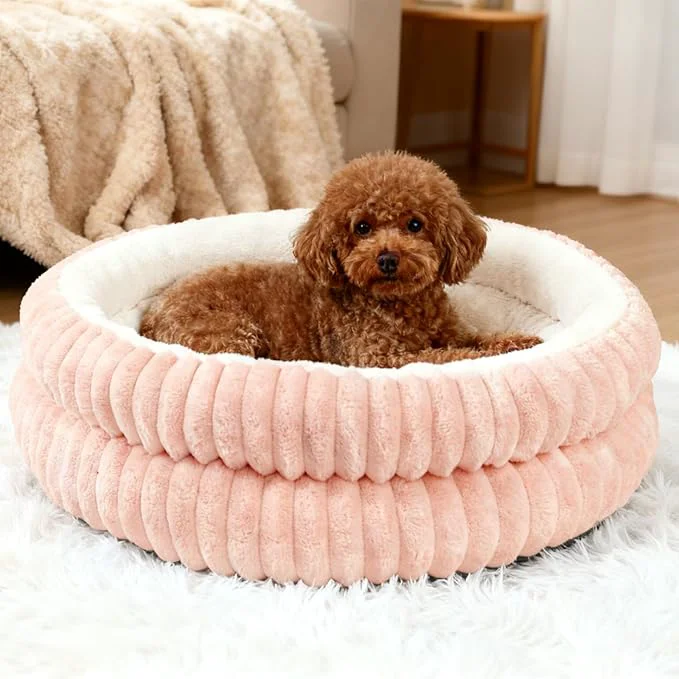 Recyclable Washable Round Donut Dog Bed Cat Beds for Indoor Cats Fluffy Puppy Dogs Beds for Small Dogs with Anti-Slip Bottom Pink M About ThisOverview Exceptional