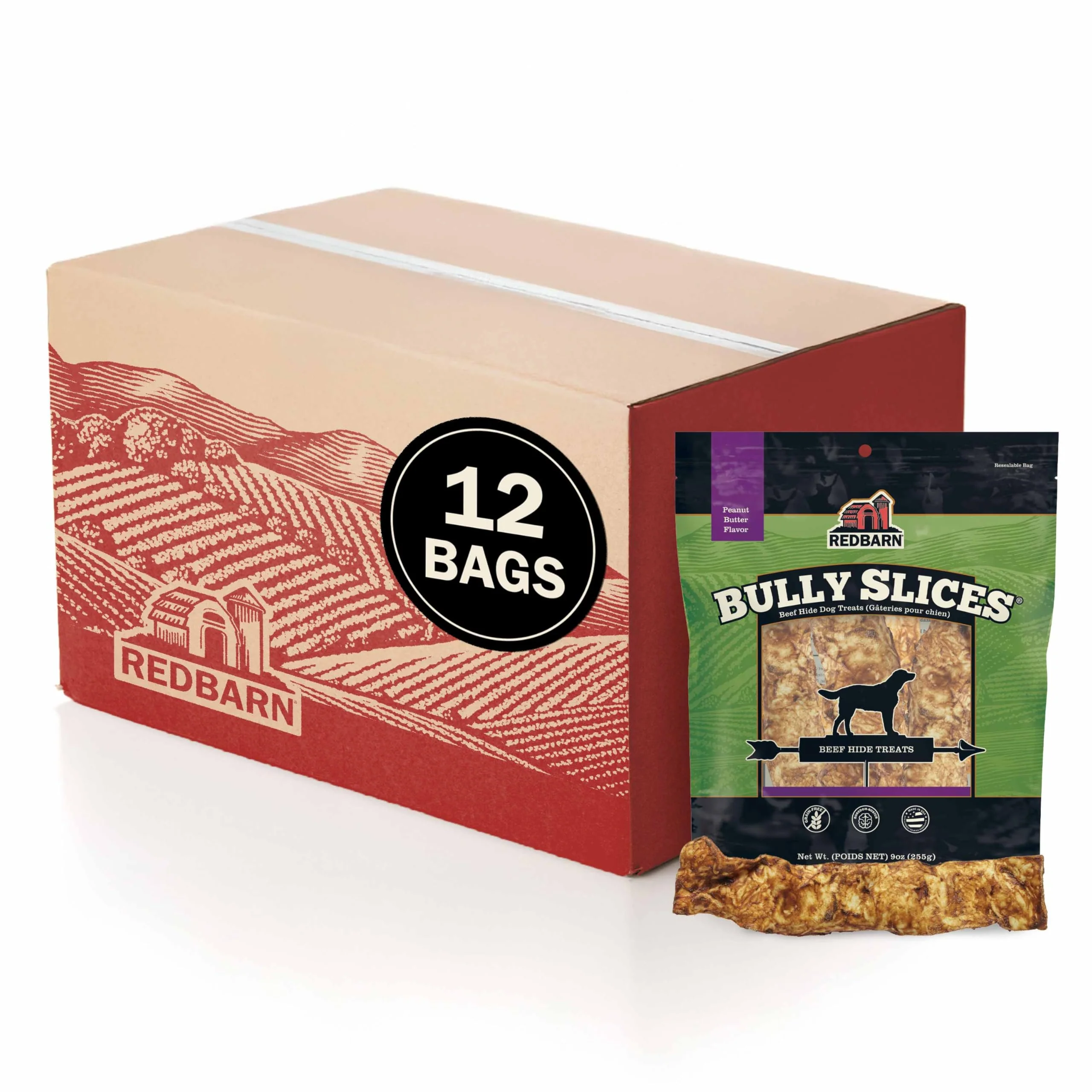 Modern Redbarn Bully Slices Peanut Butter Beef Hide Treats – Grain- Slow-Roasted 9 oz Pack 12 Bags Casual