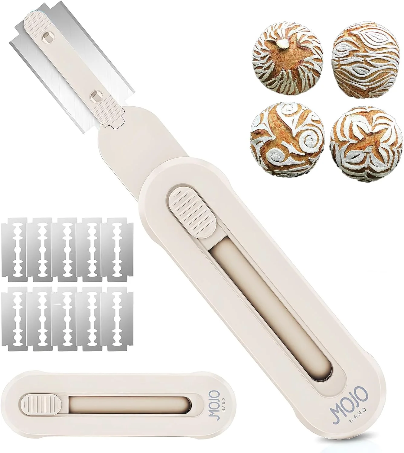 Optimized MOJOHAND Bread Lame Dough Scoring Tool Retractable Blade Off-White Anti-slip grip for precise dough scoring long blade retracts safely reusable for artisan bread easy swap Premium