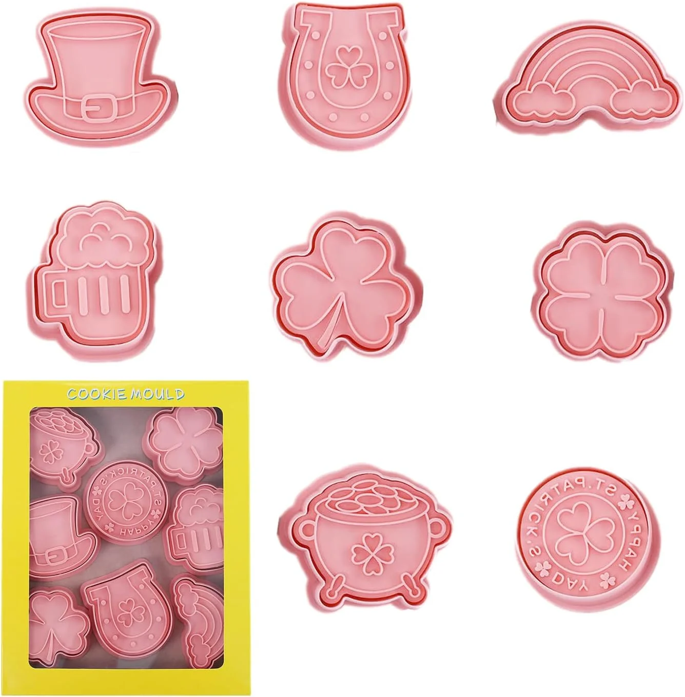Relaxed St. Patrick’s Day Cookie Cutters 8Pcs 3D Plastic Cookie Molds Cartoon Shamrock Four Leaf Clover Horseshoe Biscuit Cutters for Irish Holiday Party Specialty
