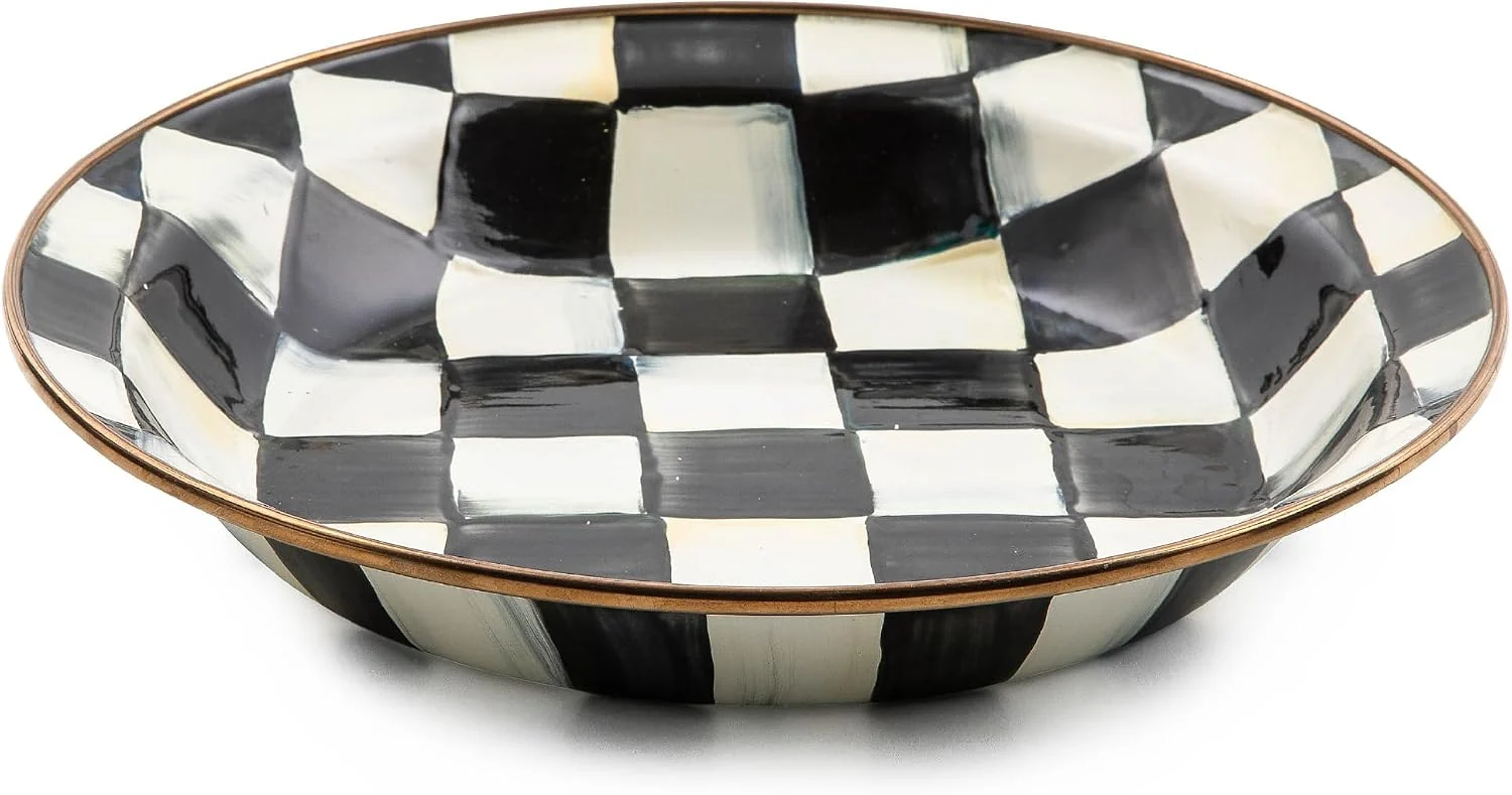Reusable MACKENZIE-CHILDS Enamel Pie Plate Black-and-White Courtly Check Hand-painted design made from enameled steel ovenproof pie pan for cooking 9.5 dia. x 1.5 deep 4-cup capacity Smooth