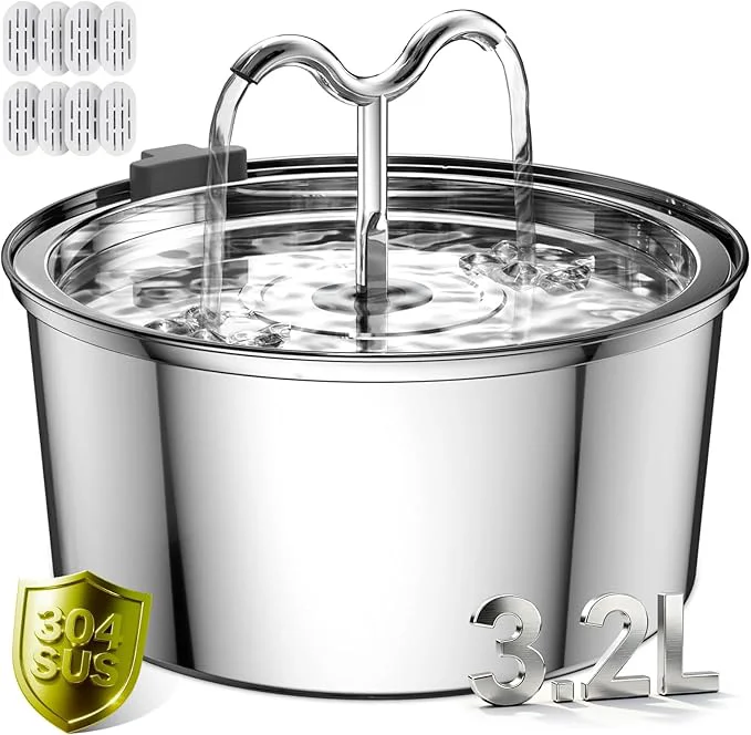 Refined DOOOB Cat Water Fountain 3.2L 108OZ Stainless Steel Cat Water Fountain Automatic Metal Dog Water Fountains Water Bowl with Ultra-Quiet Pump and 8 Filters 8 SpongesAbout ThisOverview Verified
