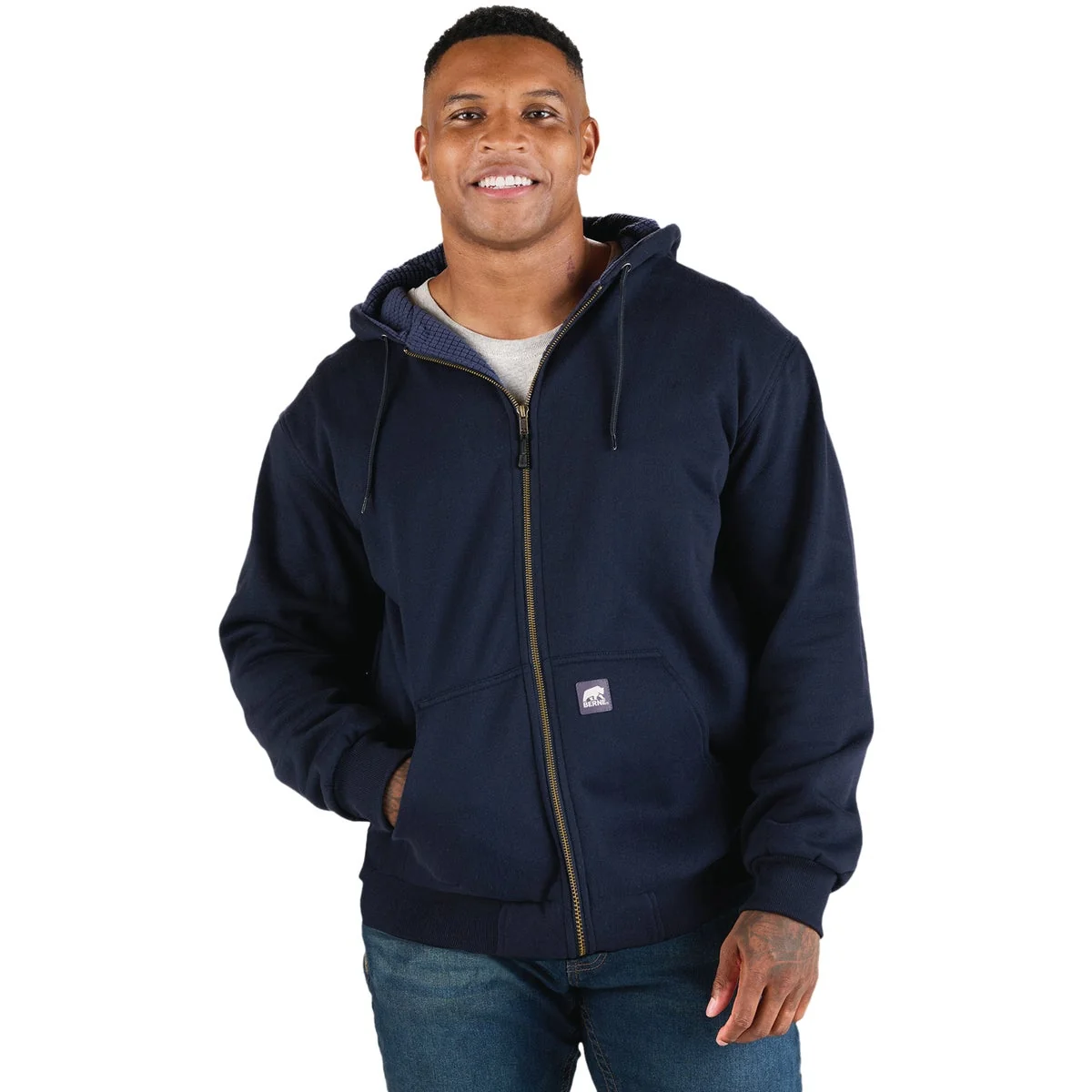 High-End Berne Heritage Grid Medium Navy Fleece-Lined Full-Zip Hooded Sweatshirt Pure