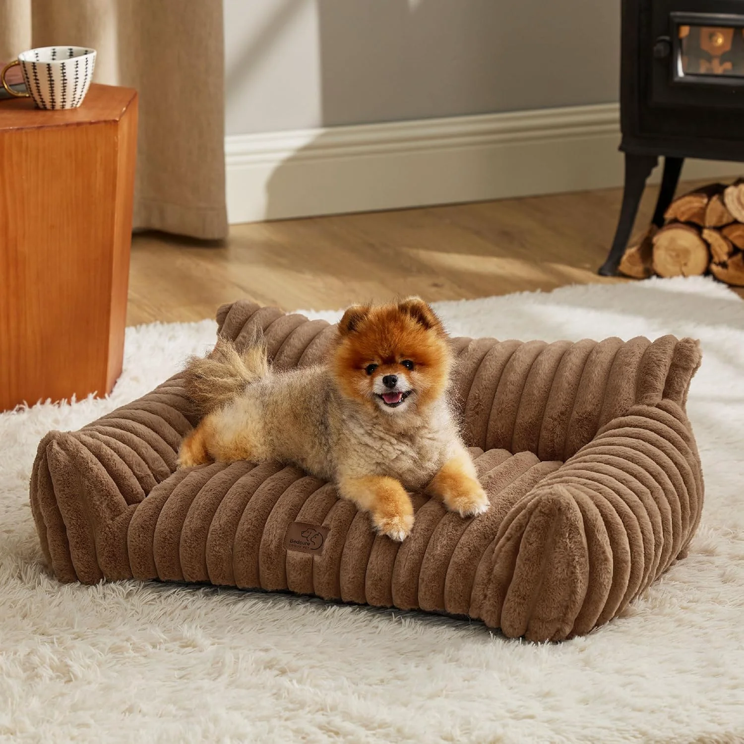 Eco-Friendly Bedsure Cute Cat Couch for Pets – Fluffy Small Dog Sofa with Premium Soft Corduroy Fleece Pet Sofa with Removable Washable Cover Supportive Dog Couch Bed for Small Medium Dogs 30inch Copper Brown Original Design