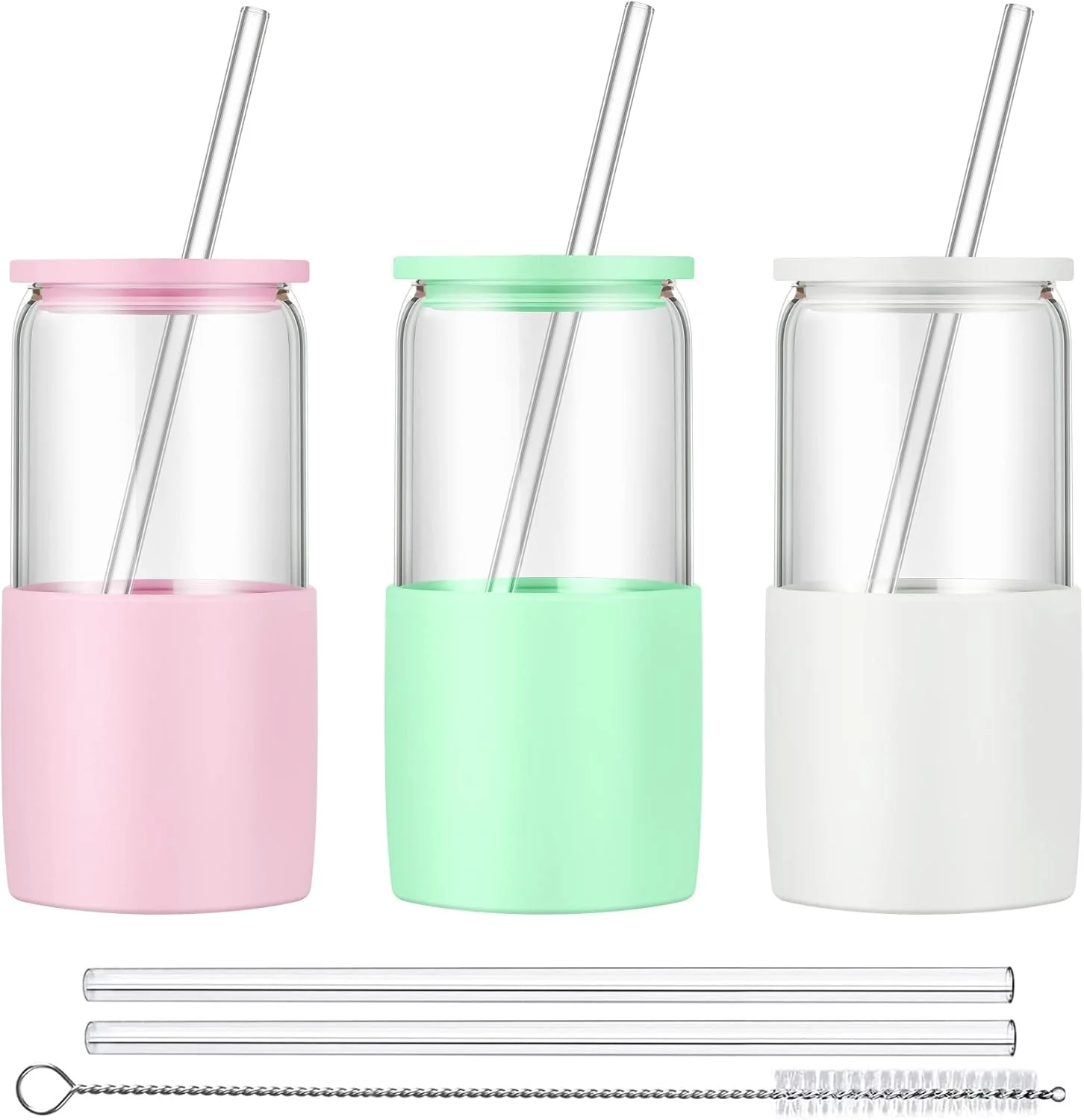 Refined Sunseeke Glass Tumbler with Straw and Lid 16oz Ice Coffee Cup Silicone Sleeve Cleaning Brushes Drinking Glasses for Water Iced Coffee Smoothie – BPA -3 Pack Trendy