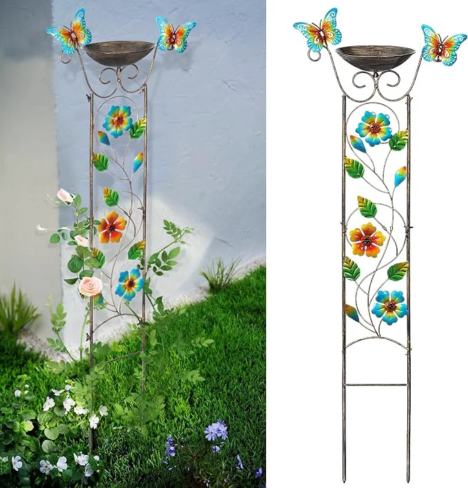 Verified SUNNYPARK Bird Bath with Trellis Outdoor Antique Garden Iron Plant Trellis Certified