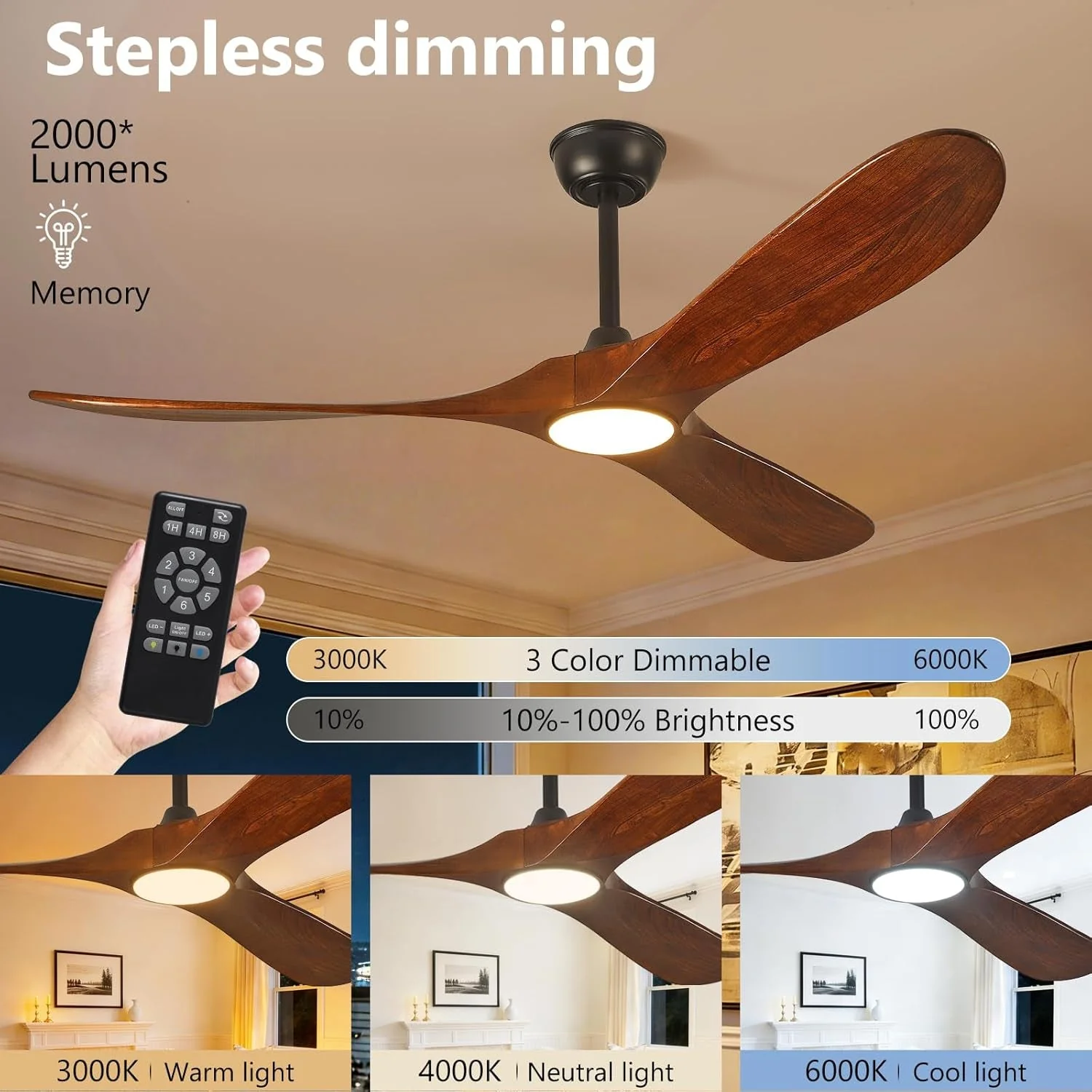 Artisan 60 Inch Wooden Ceiling Fan Dimmable Lighting Reliable