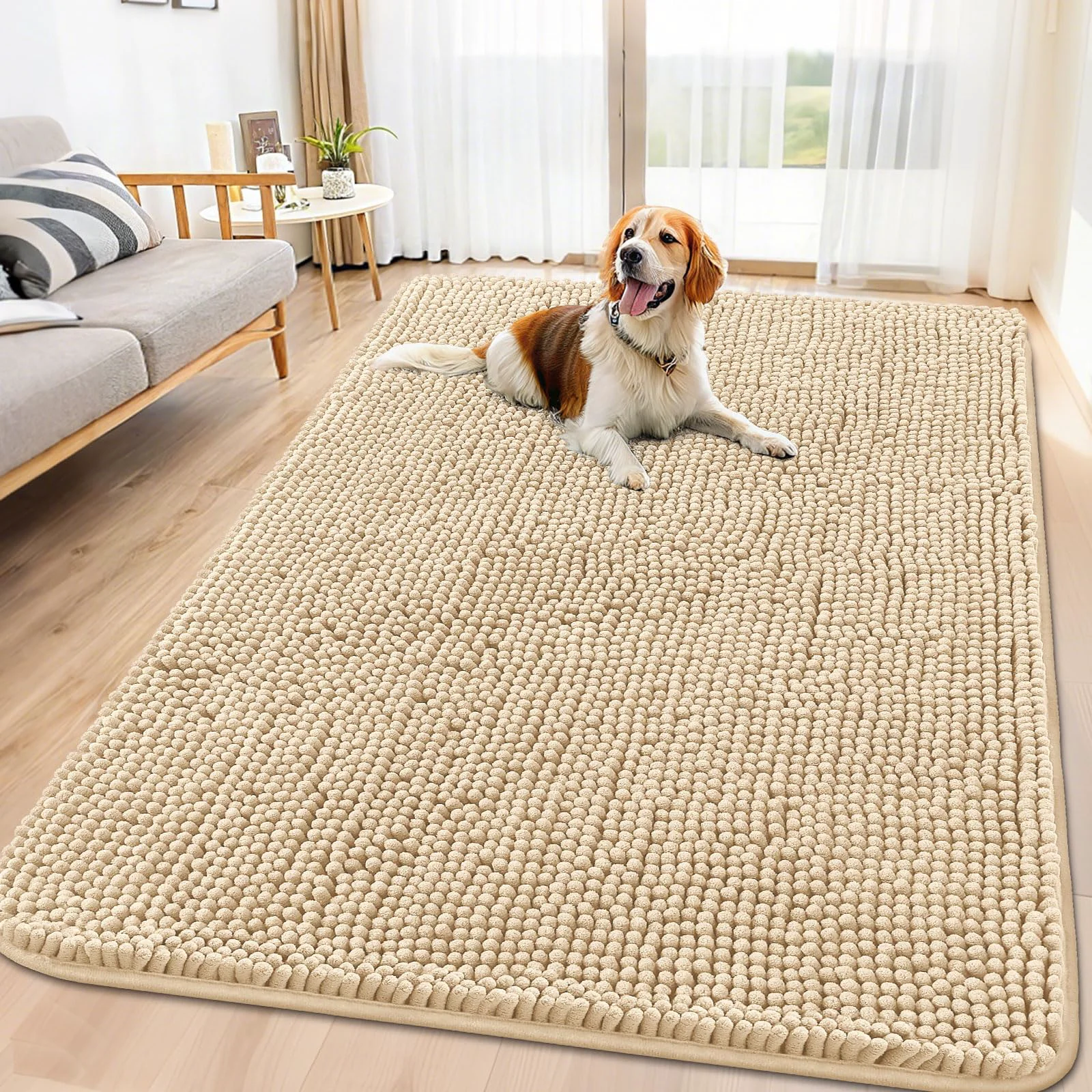 Natural Smiry Dog Door Mat 70×32 – Absorbs Moisture Dirt Non-Slip Quick-Dry Chenille Beige Certified