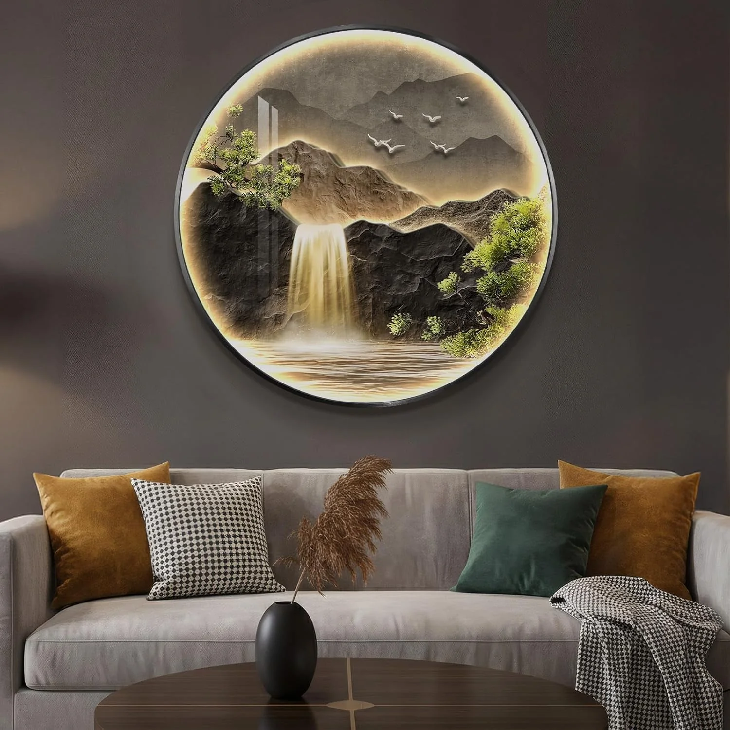 Unique Illuminated Mountain Waterfall Wall Art 30×30 Inch Verified
