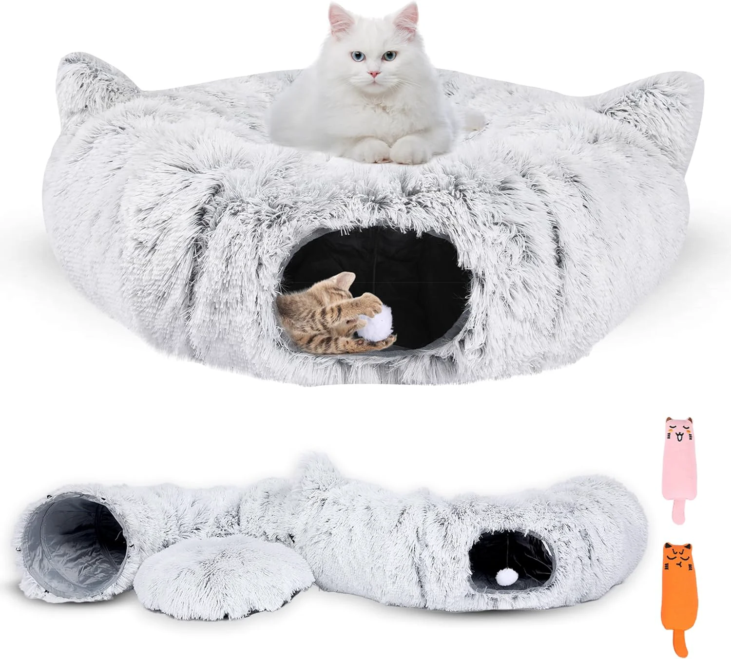 Genuine Cat Tunnel Bed Cave with Catnip Toys – Peekaboo Cat Hideaway Cat Donut Tunnel – 3-in-1 Cat Tunnels for Indoor Cats – Foldable Cute Cat Bed – 32 Washable Enhanced