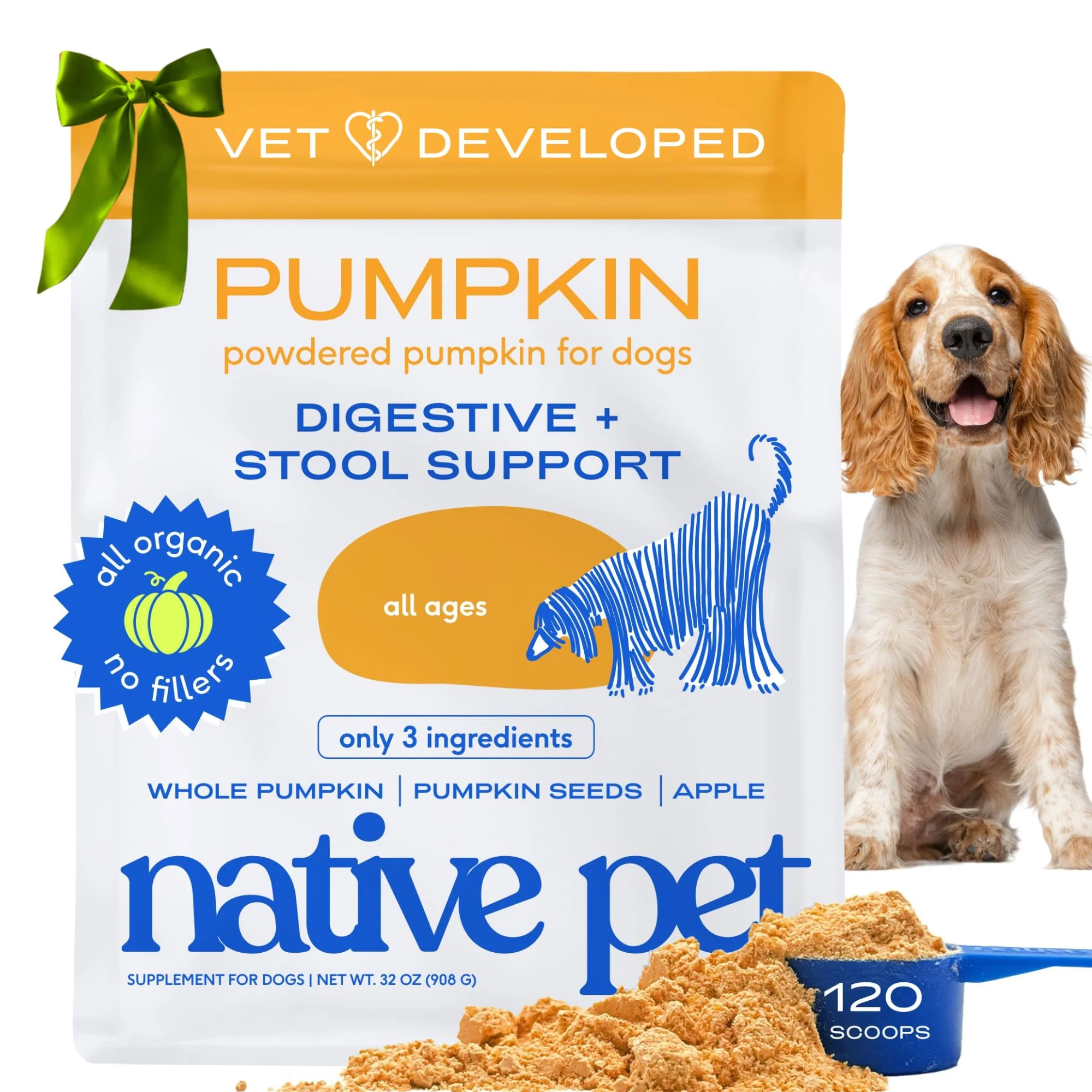 Unique Native Pet Pumpkin for Dogs - Organic Pumpkin Powder Topper for Digestive Support 120 Scoops Prestigious