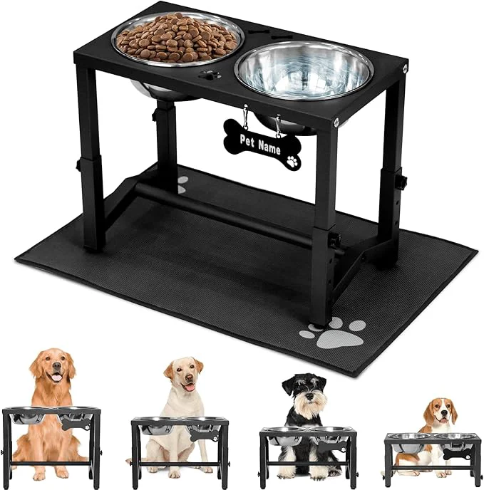 Versatile d Dog Bowls 4 Height Adjustable Metal Raised Bowl Stand with 2 Thick Stainless Steel Food Bowls Spill-Proof Mat Adjusts to 13.6” 12.2” 10.9” 9.5” for Large Medium Breeds. BlackAbout ThisOverview Exceptional