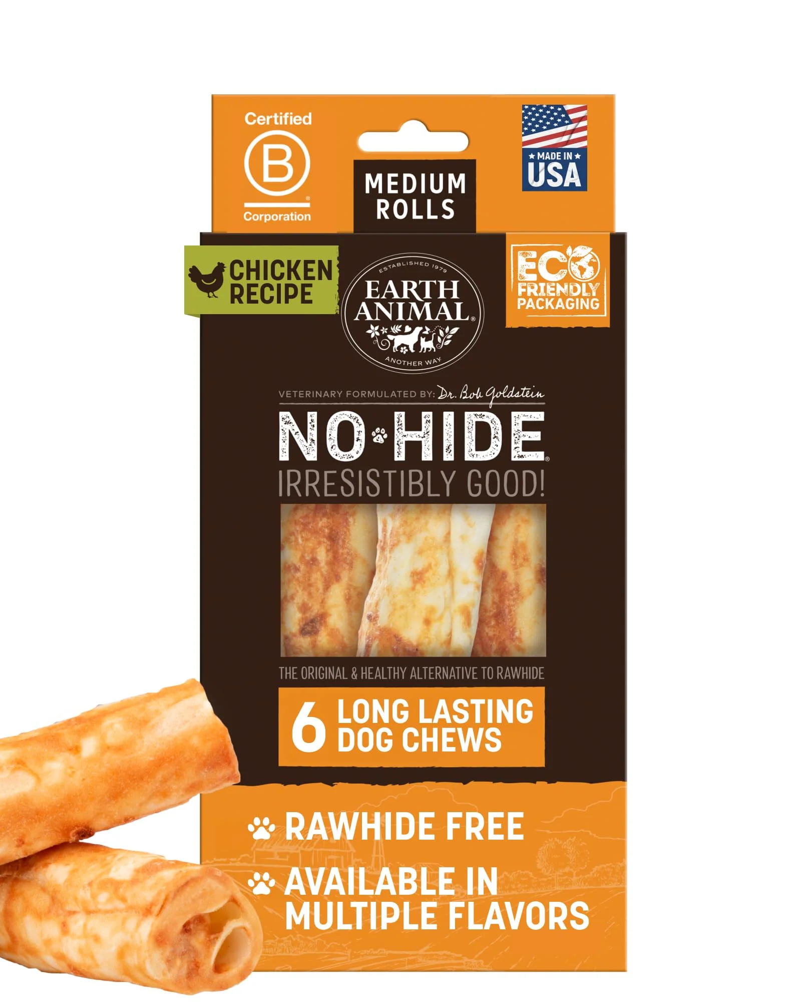 Enhanced Earth Animal No Hide Chews Rolls – Long-Lasting Rawhide- Chicken Chews for Medium Dogs 6 Count Official