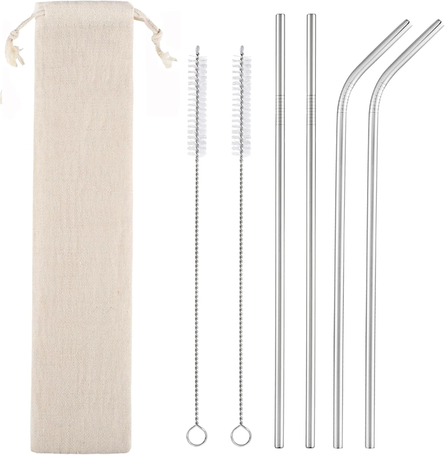 Elite Set of 4 Reusable Metal Straws 10.5” Long Stainless Steel Straw with Cleaning Brushes and Case Drinking for 30 oz and 20 oz Tumblers. Soft