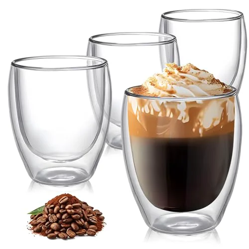Lightweight 8 Ounces Set of 4 Double Walled Glass Coffee Mugs Insulated Layer Coffee Cups Borosilicate Glass Espresso Double Insulated Clear Glass Coffee Mug for Hot Beverages 4 Count World-Class