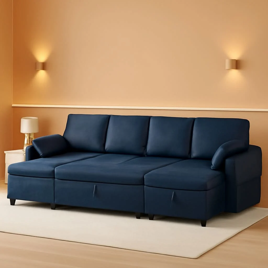 Pure Blue Suede Leather 110Inch Sectional Sleeper Contemporary