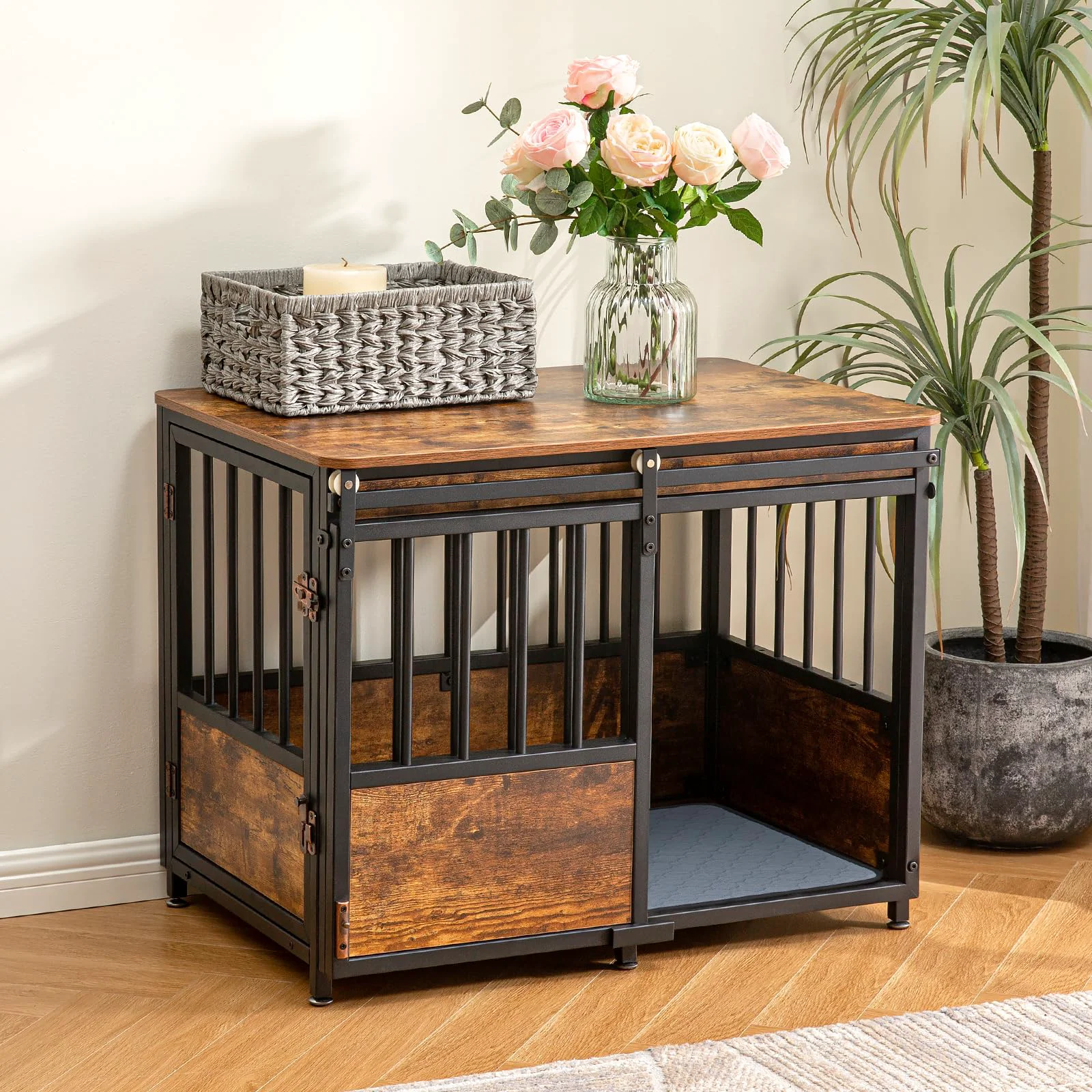 Relaxed KOOPRO 32 Inch Dog Crate Furniture with Cushion — Heavy-Duty Wooden Kennel with Double Doors End Table Original