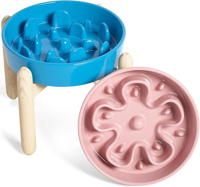 Healthy LE TAUCI Ceramic Slow Feeder Raised Dog Bowls with Wooden Stand Puzzle Feeder d Dog Dishes to Slow Down Eating 8 Inch Anti-Gulping Pet Feeding Dishes for Medium DogAbout ThisOverview Refined