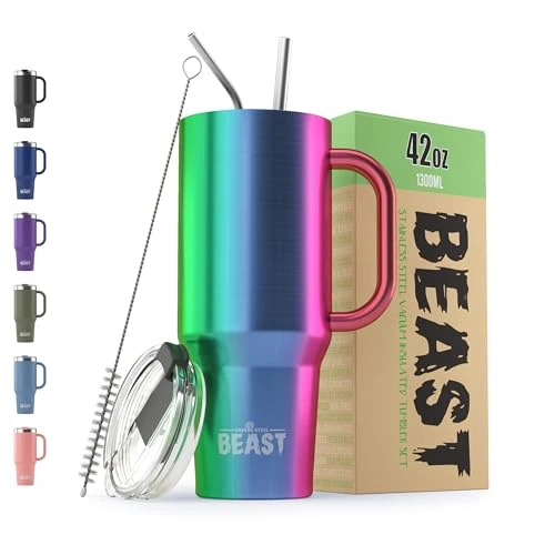 Proven Beast 42 oz Tumbler with Handle Stainless Steel Vacuum Insulated Coffee Ice Cup Double Wall Travel Flask Organic