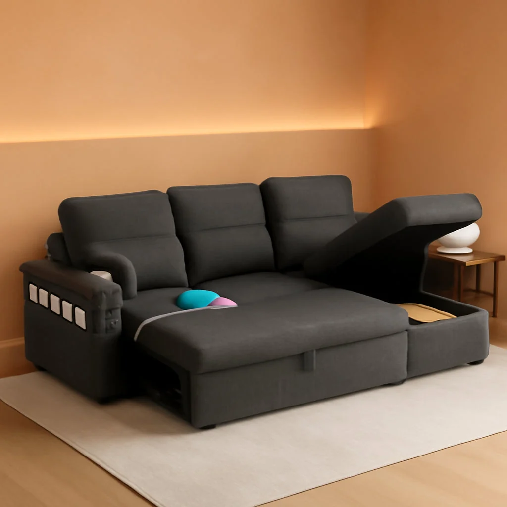 High-Quality Black L Shaped Sleeper Sofa With Integrated Storage Top-Quality