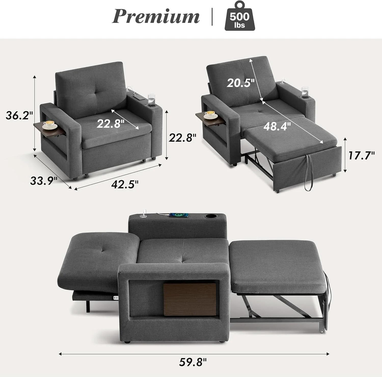 Solid 3 In 1 Sleeper Sofa Chair Bed With USB Ports Efficient