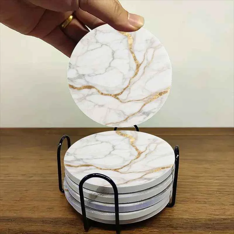 Carefully Designed Set of 6 charming round ceramic coasters- white pattern with Golden thread heat- resistant and non- slip beverage mats suitable for home and restaurant tabletop decoration housewarming giftSPECIFICATIONS Crafted