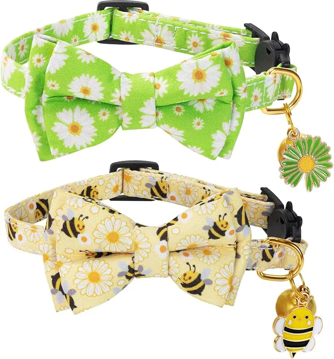 Consistent Breakaway Cat Collar with Cute Bow Tie Bell 2Pack Daisy Bee Pattern Verified