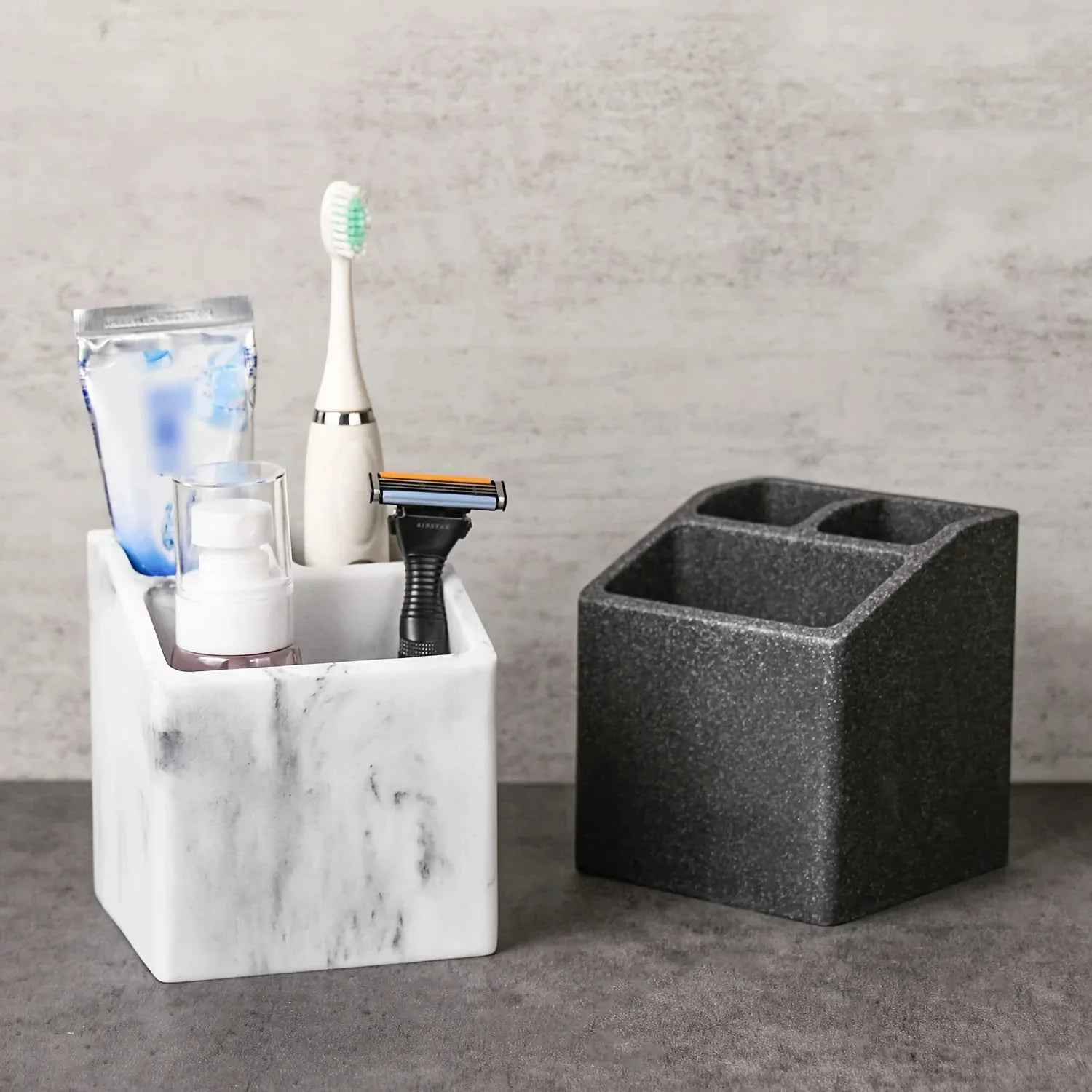 High-End 3-Slot Toothbrush Holder with Drain Hole – Durable Resin Bathroom Organizer for Toothpaste Toothbrushes standing Vanity Stand for Shower Countertop Office – Space-Saving Makeup Brush Stationery Storage ToothbrushSPECIFICATIONS Sophisticated