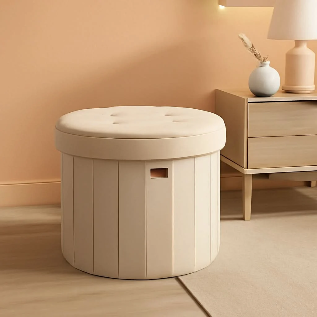 Advanced Round Folding Storage Ottoman Cappuccino Beige Velvet Optimized