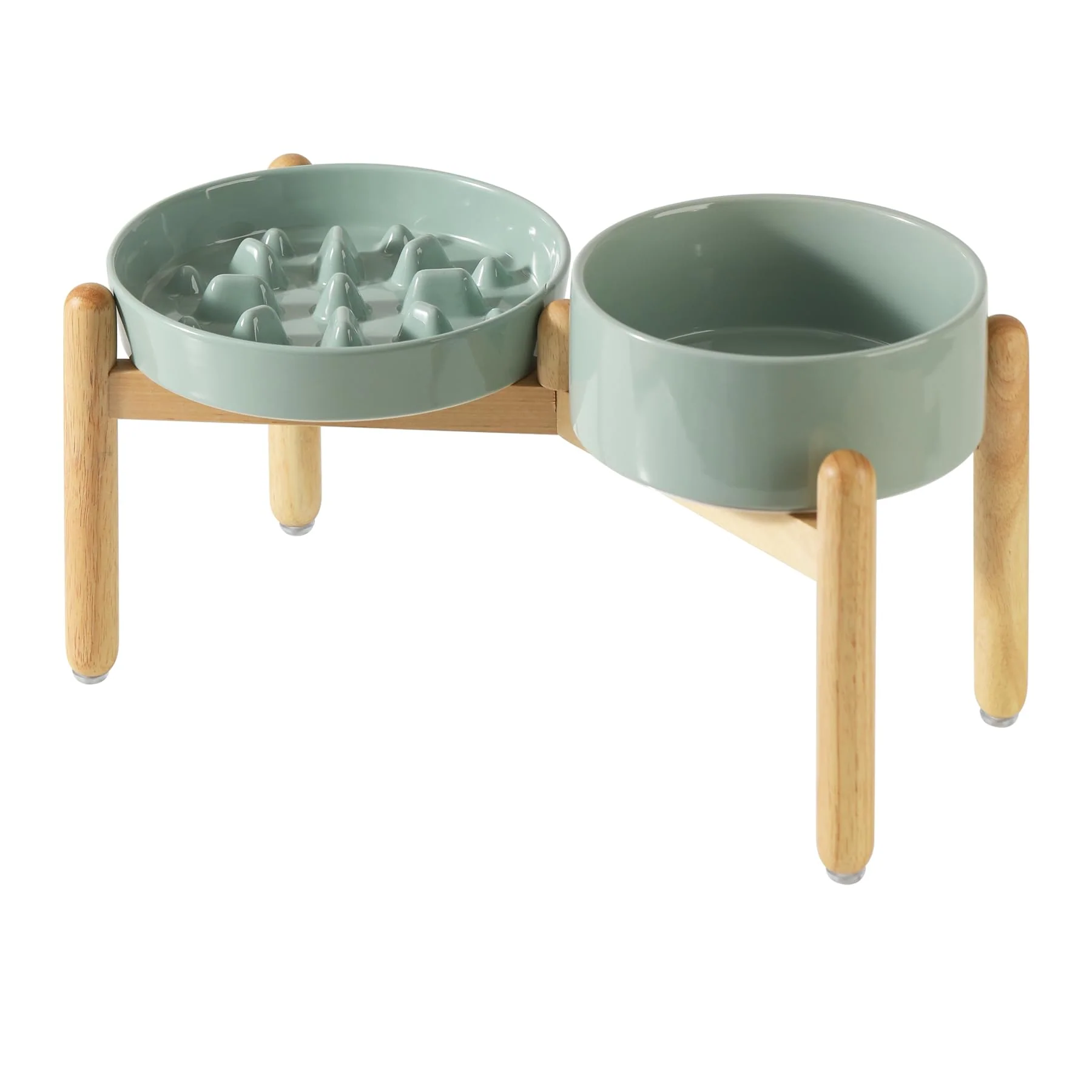 Sustainable Havniva Ceramic Raised Slow Feeder Dog Bowl Set with Wooden Stand – 7.3-inch Bowl 8.2-inch Slow Dish Light Green Official