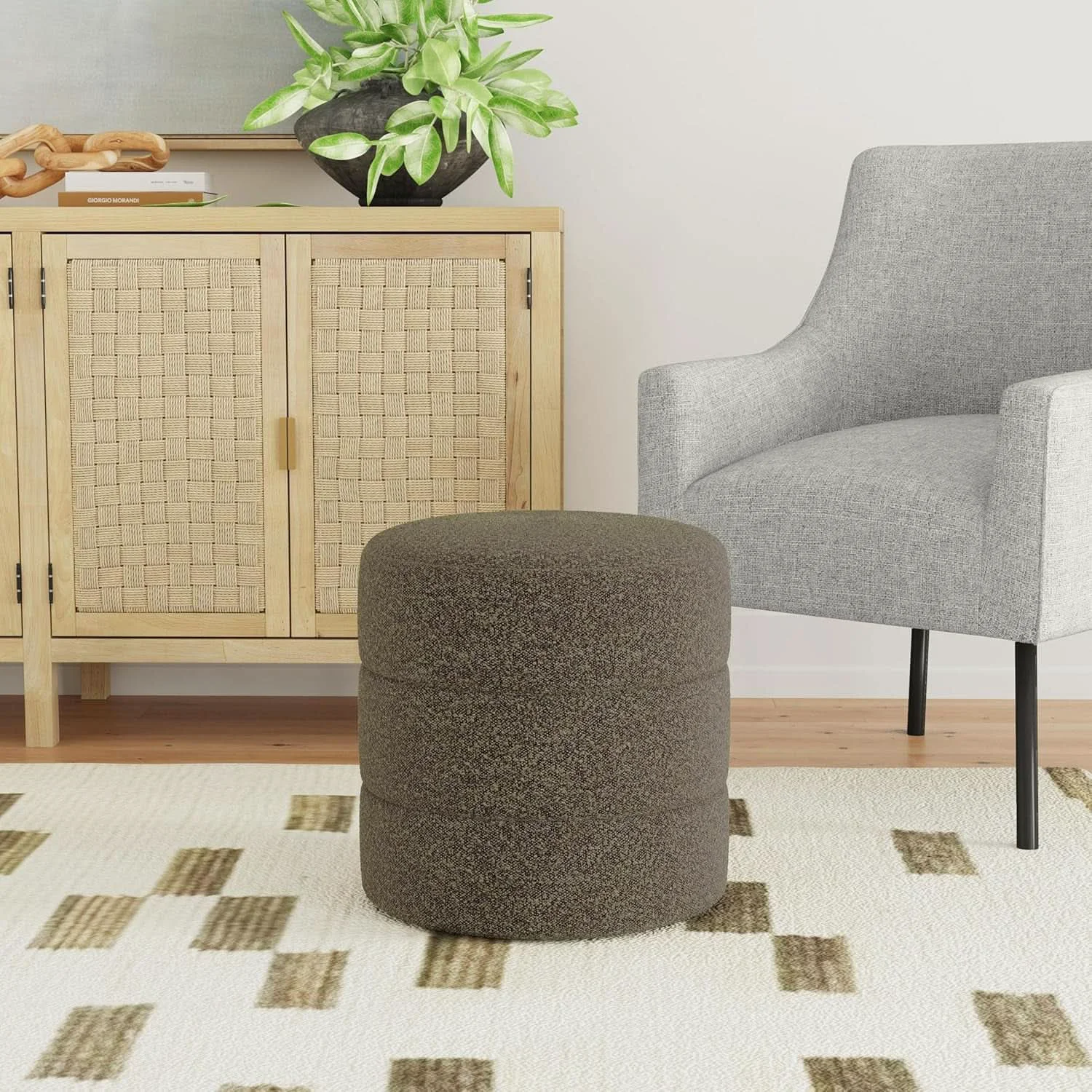Quality Dark Brown Boucle Round Ottoman Footrest Upholstered Artisan