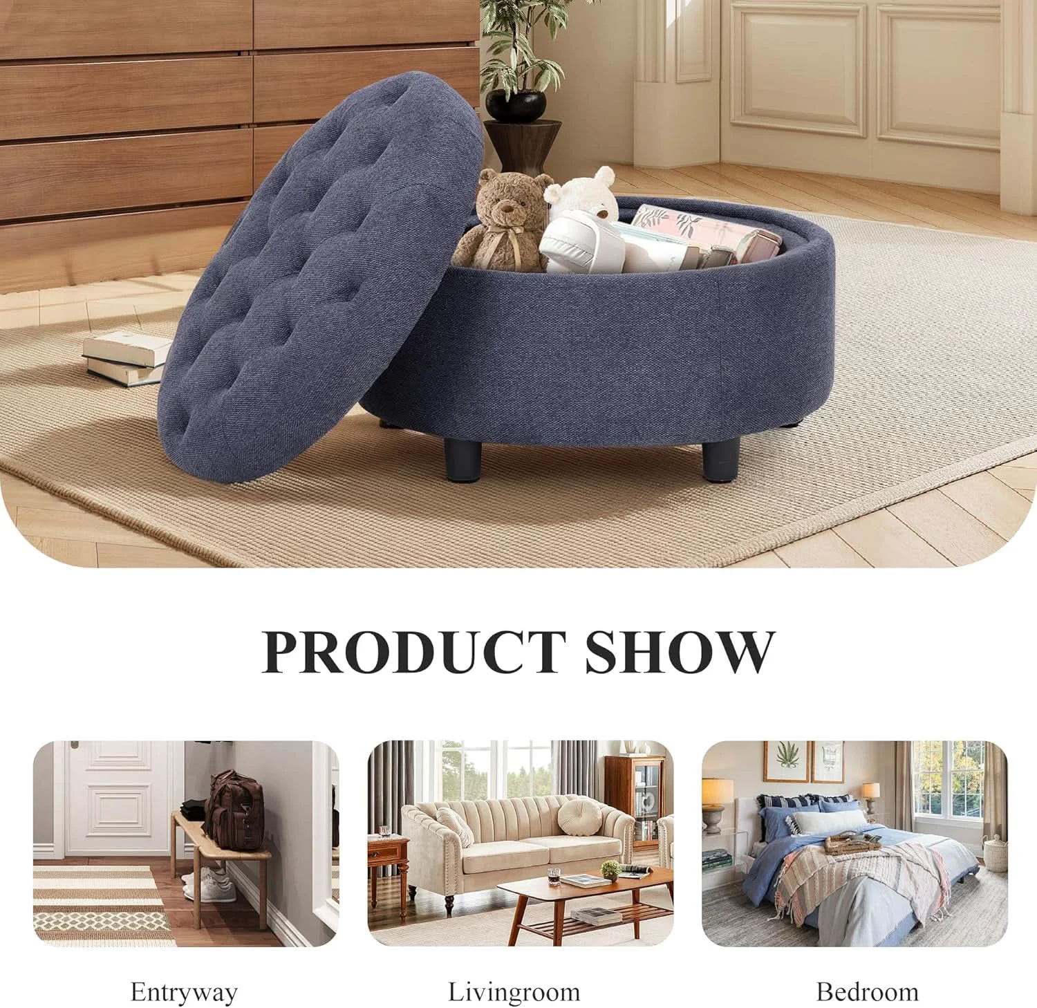 Selected Blue Upholstered Circular Storage Ottoman With Tray Luxury
