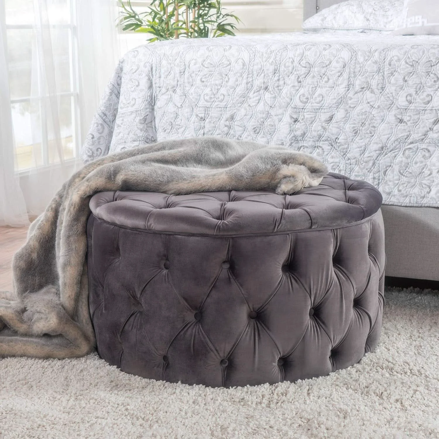 Durable Grey Velvet Button Tufted Diamondlike Stitch Ottoman Practical