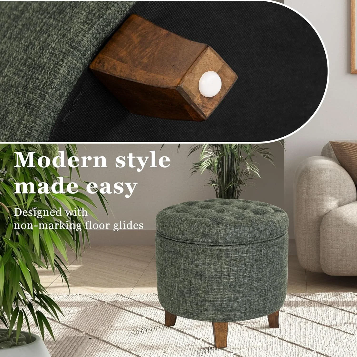 Crafted Green Clover Upholstered Round Tufted Ottoman Storage Breathable