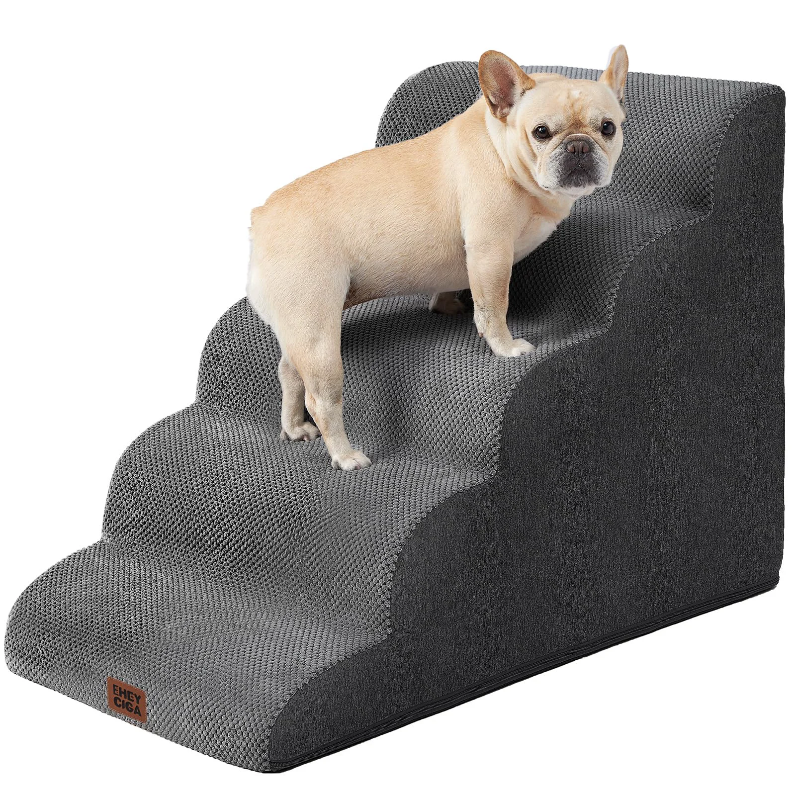 Durable EHEYCIGA Curved 5-Step Dog Stairs for High Beds – Non-Slip Extra-Wide Pet Steps Grey Trendy