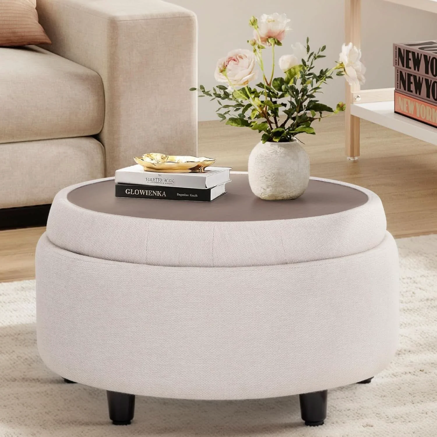 Certified Beige Polyester Circular Storage Ottoman With Tray Solid
