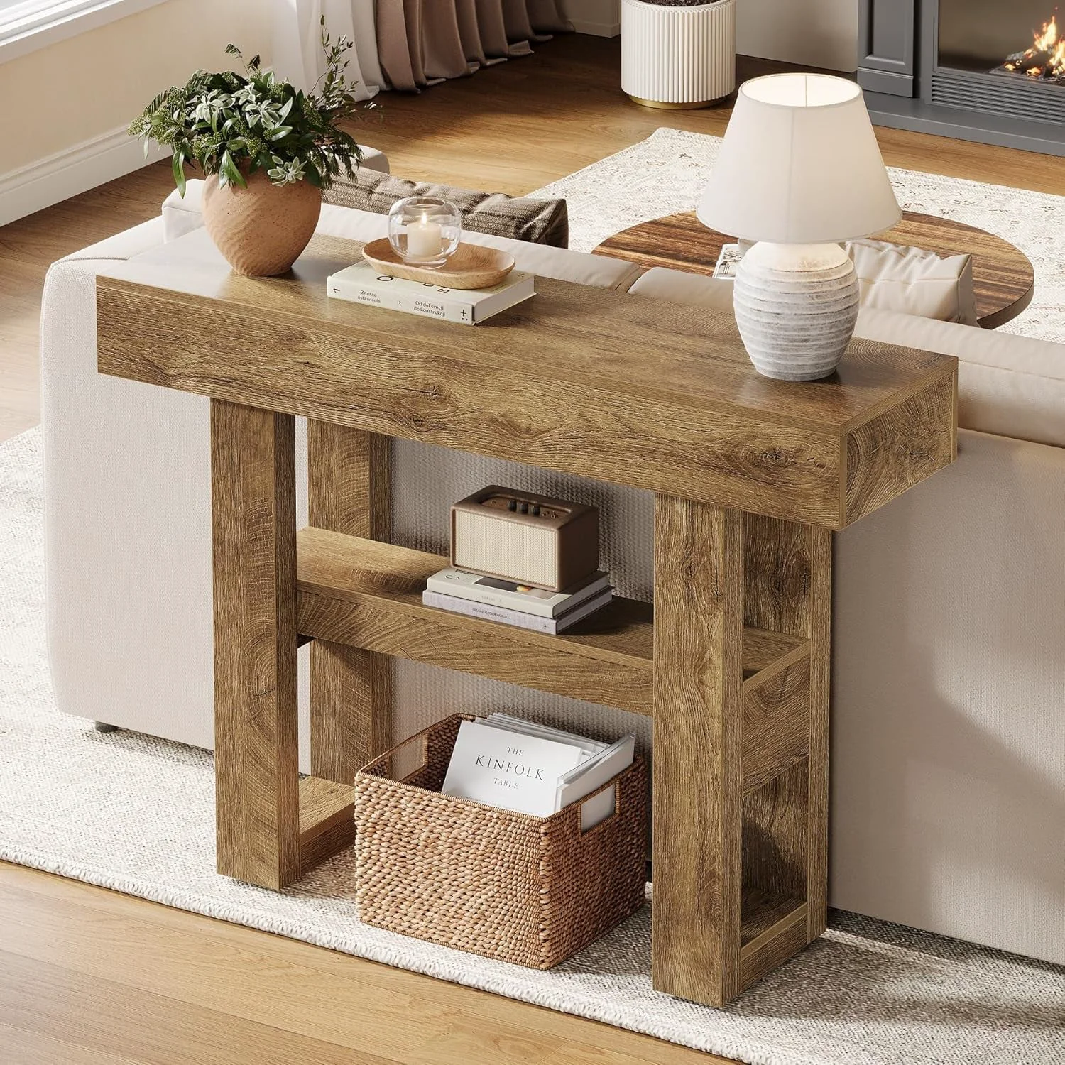 Organic 41.34-Inch Farmhouse Console Table 2-Tier Narrow Sofa Table behind th Trusted