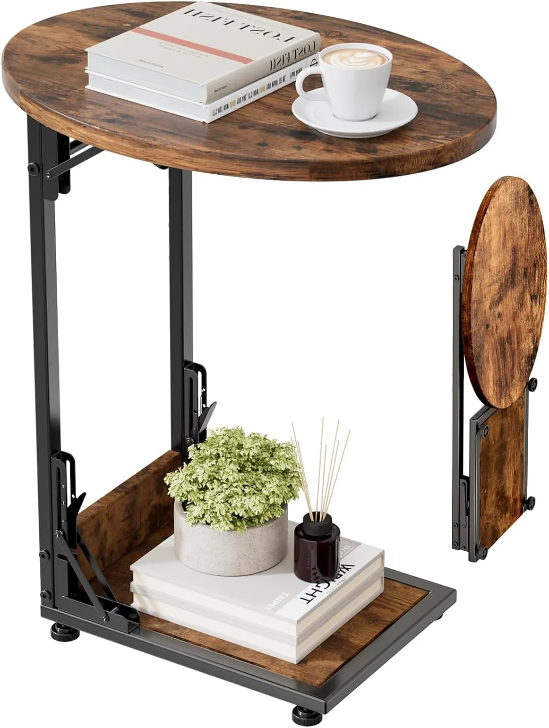 Environmentally Friendly Folding C-Shaped End Table Walnut Finish Contemporary