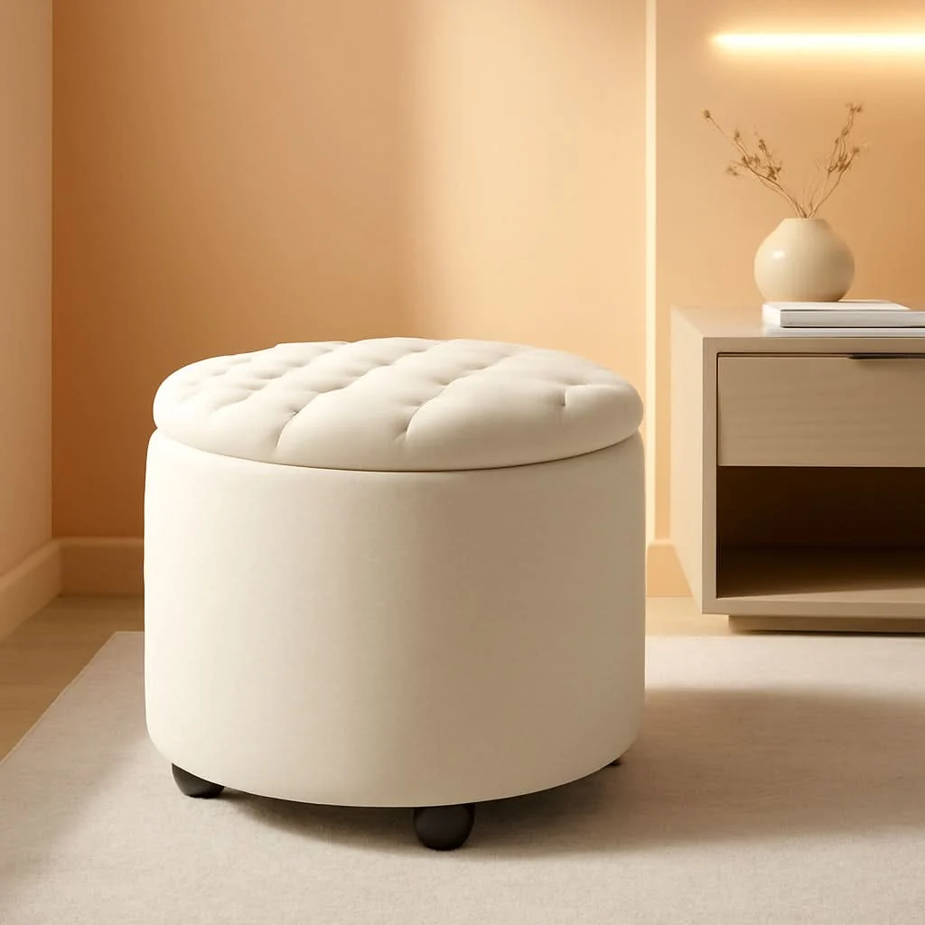 Professional Beige Round Storage Ottoman Featuring Removable Lid Flexible