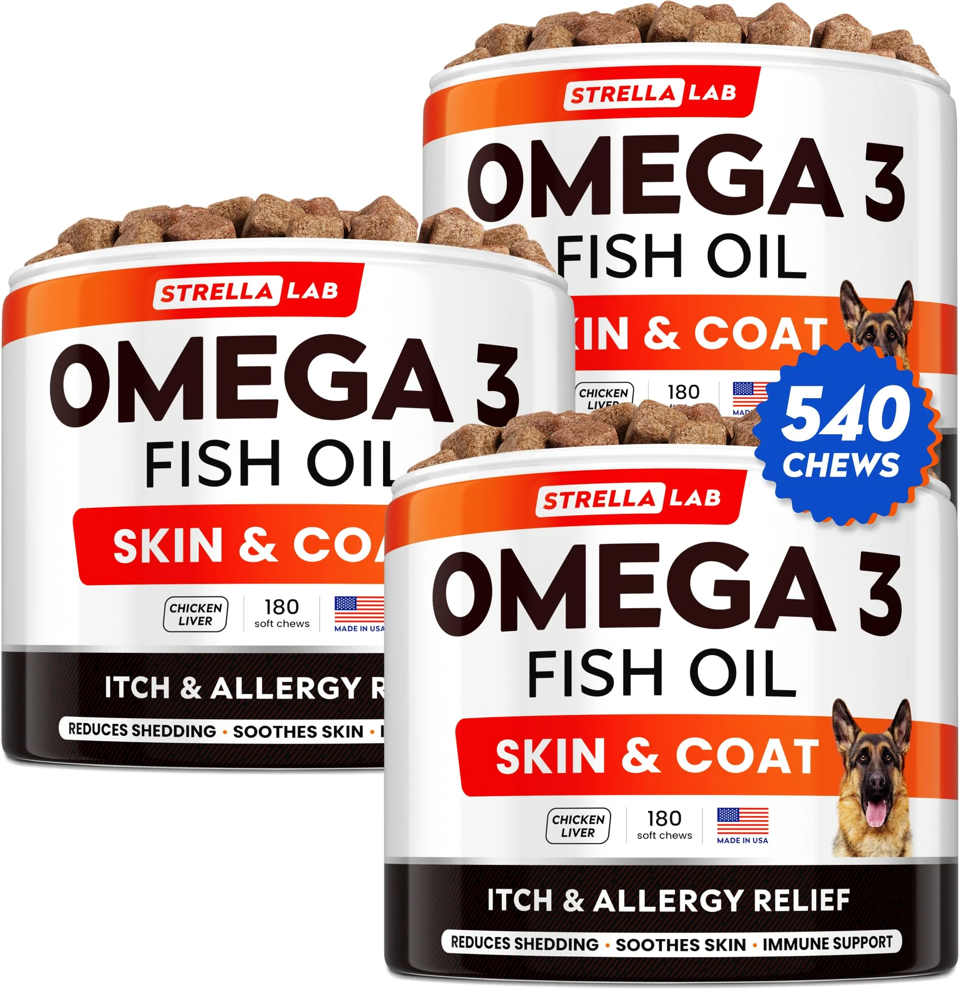 Premium Material STRELLALAB Omega 3 for Dogs – 540 Chews for Skin Coat Itch Support Natural