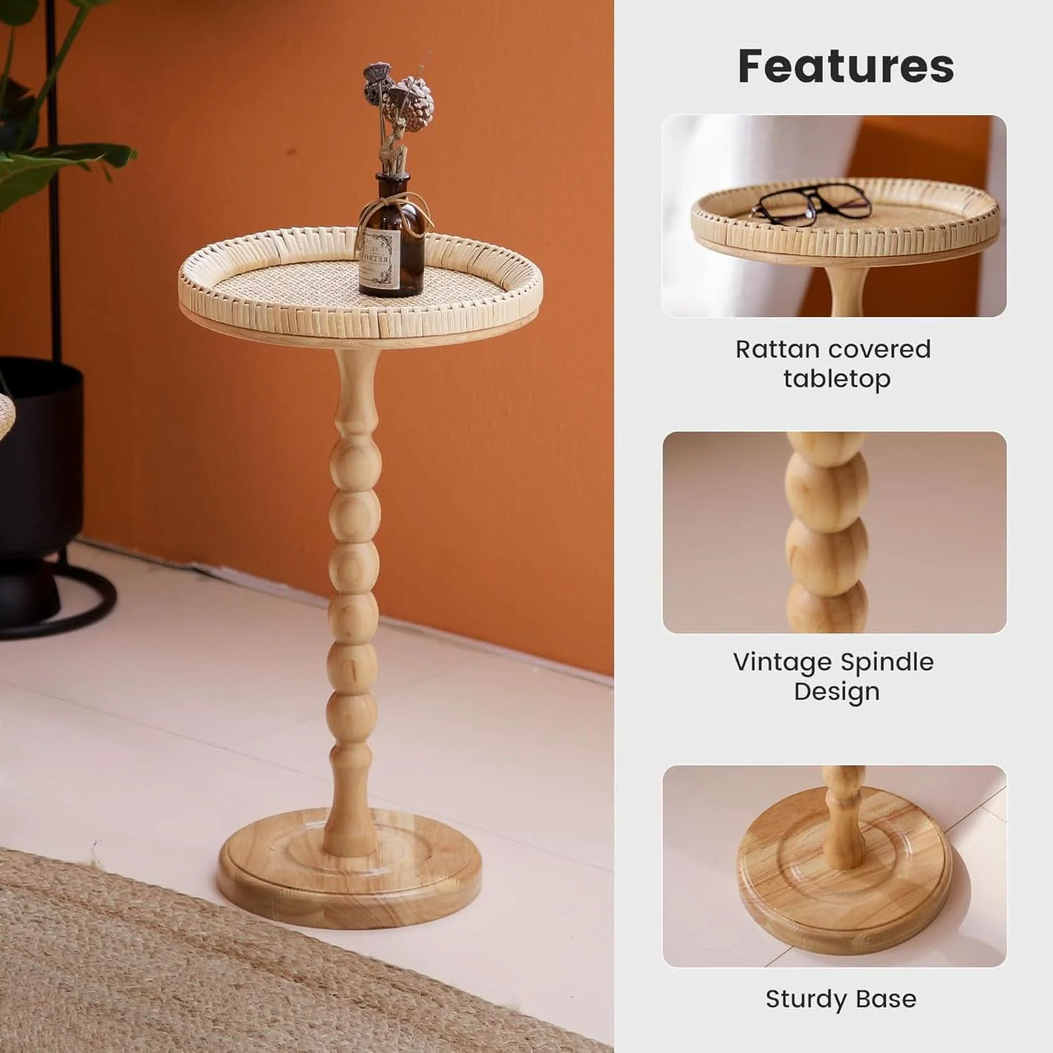 Traditional Rattan Circular Round End Table With Solid Walnut Wood Legs Certified
